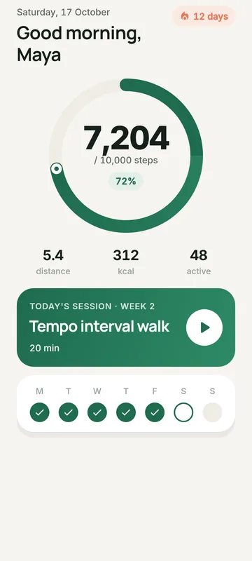Home screen with daily step ring and today’s session