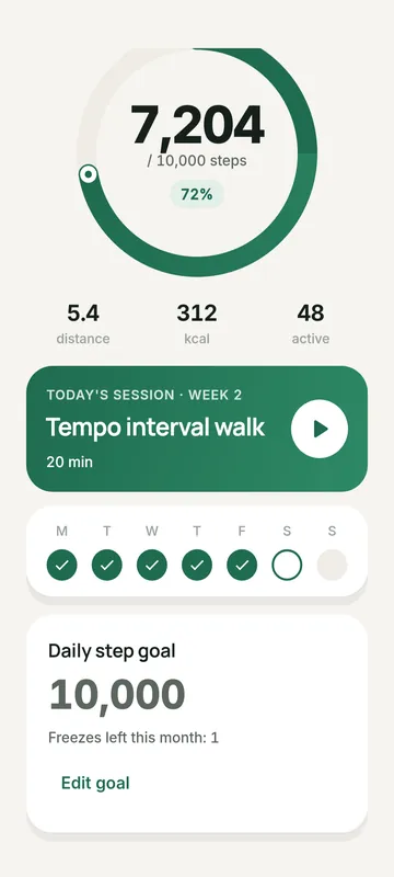 Streak screen showing daily step goal and freezes left this month